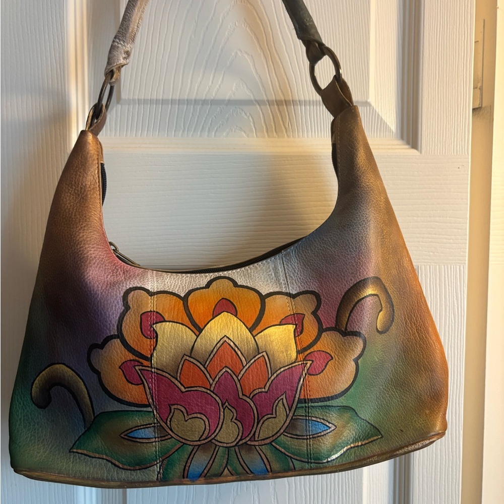 Anuschka Hand-Painted Leather Hobo Bag – Lotus Floral Art
